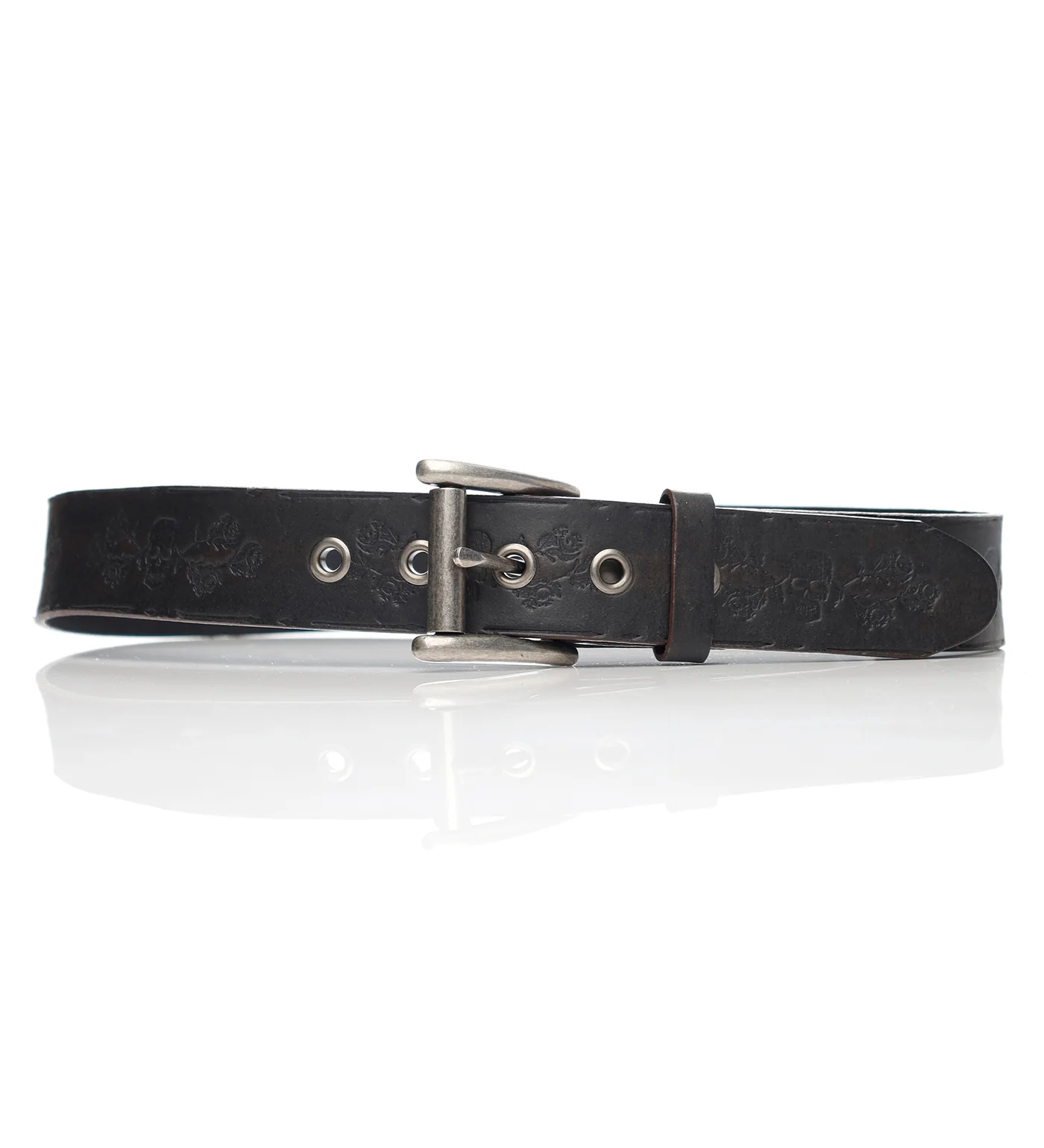 Embossed Skull And Roses Belt, Black
