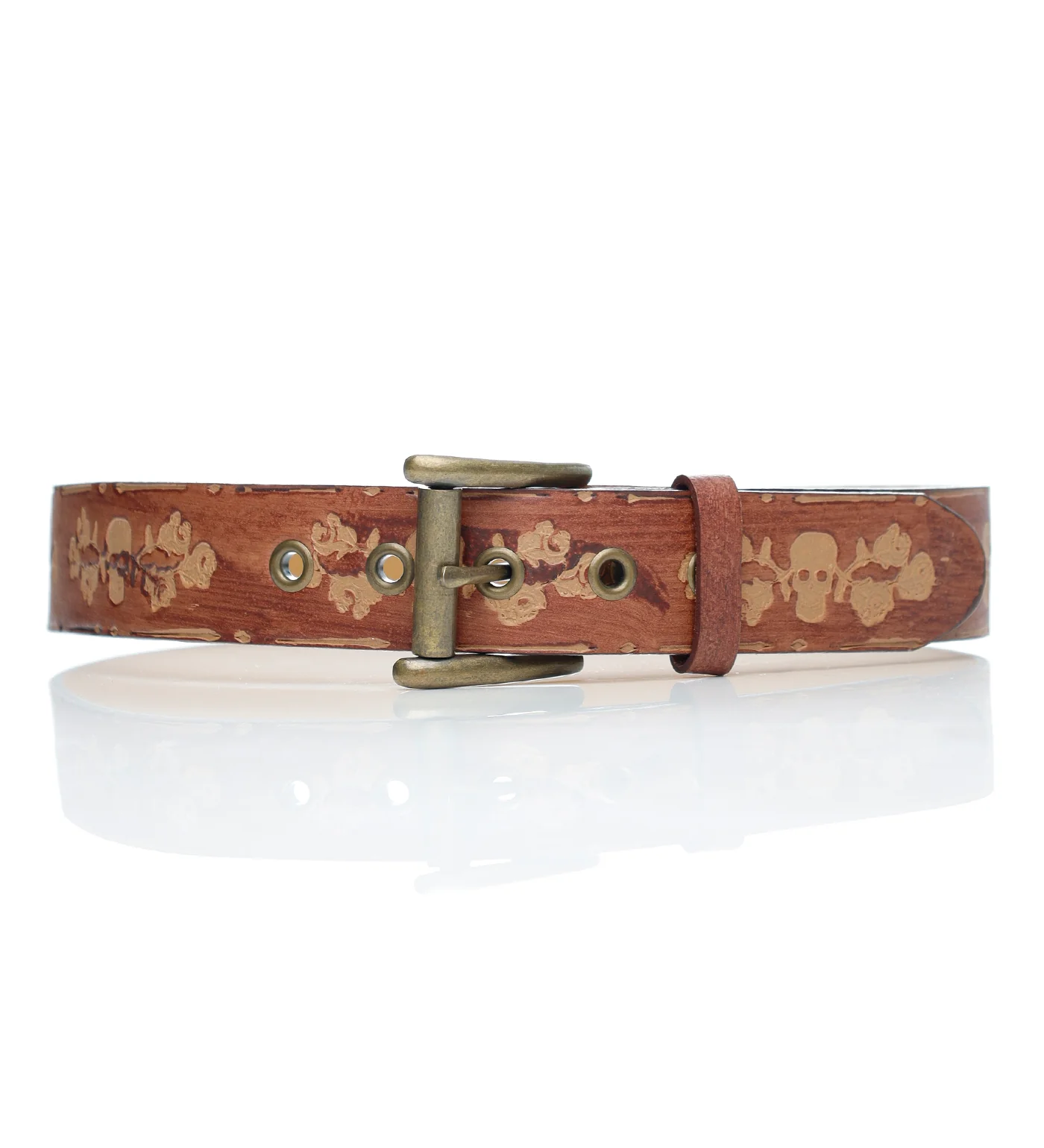 Embossed Skull And Roses Belt, Brown