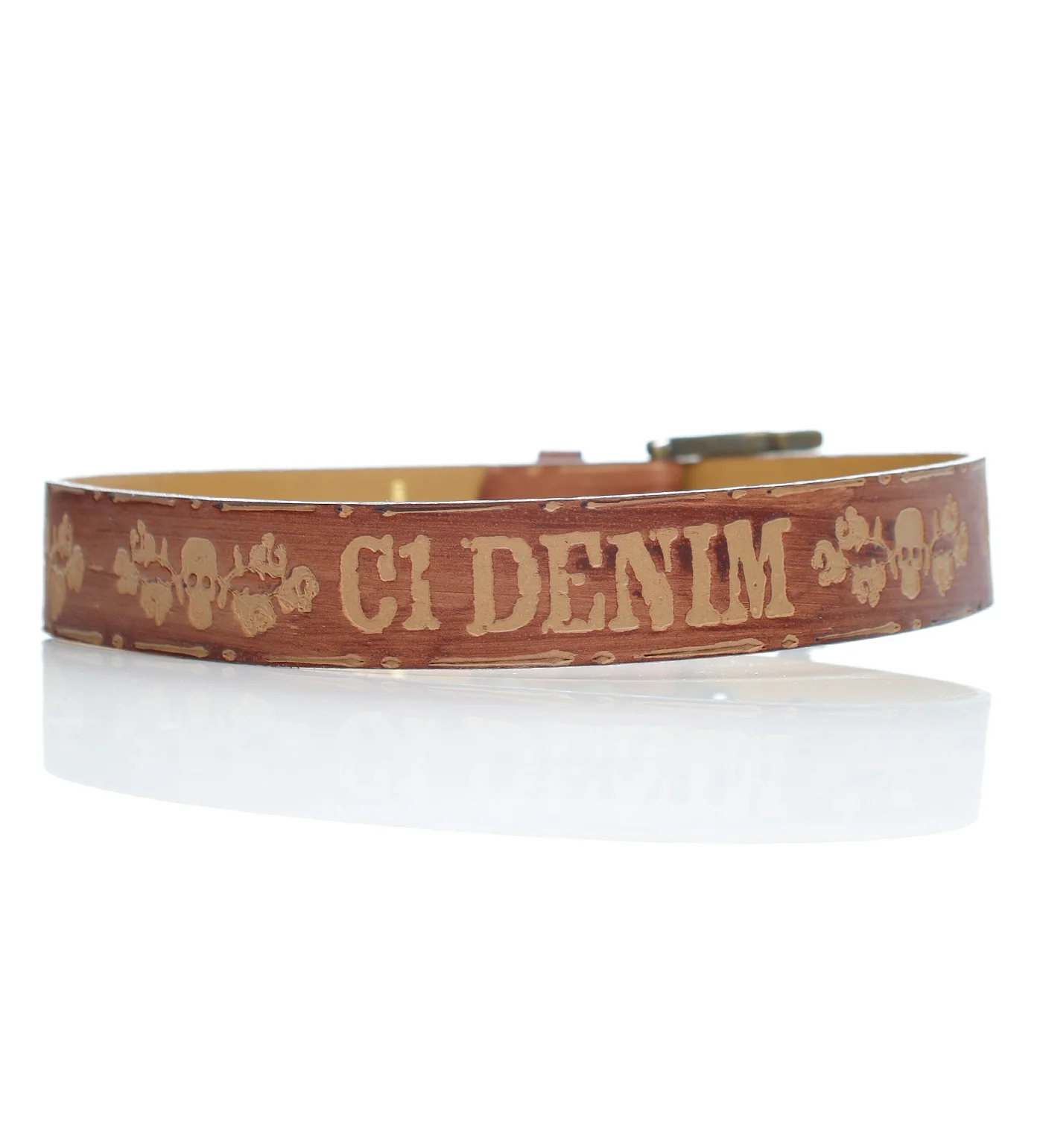 Embossed Skull And Roses Belt, Brown - Image 2