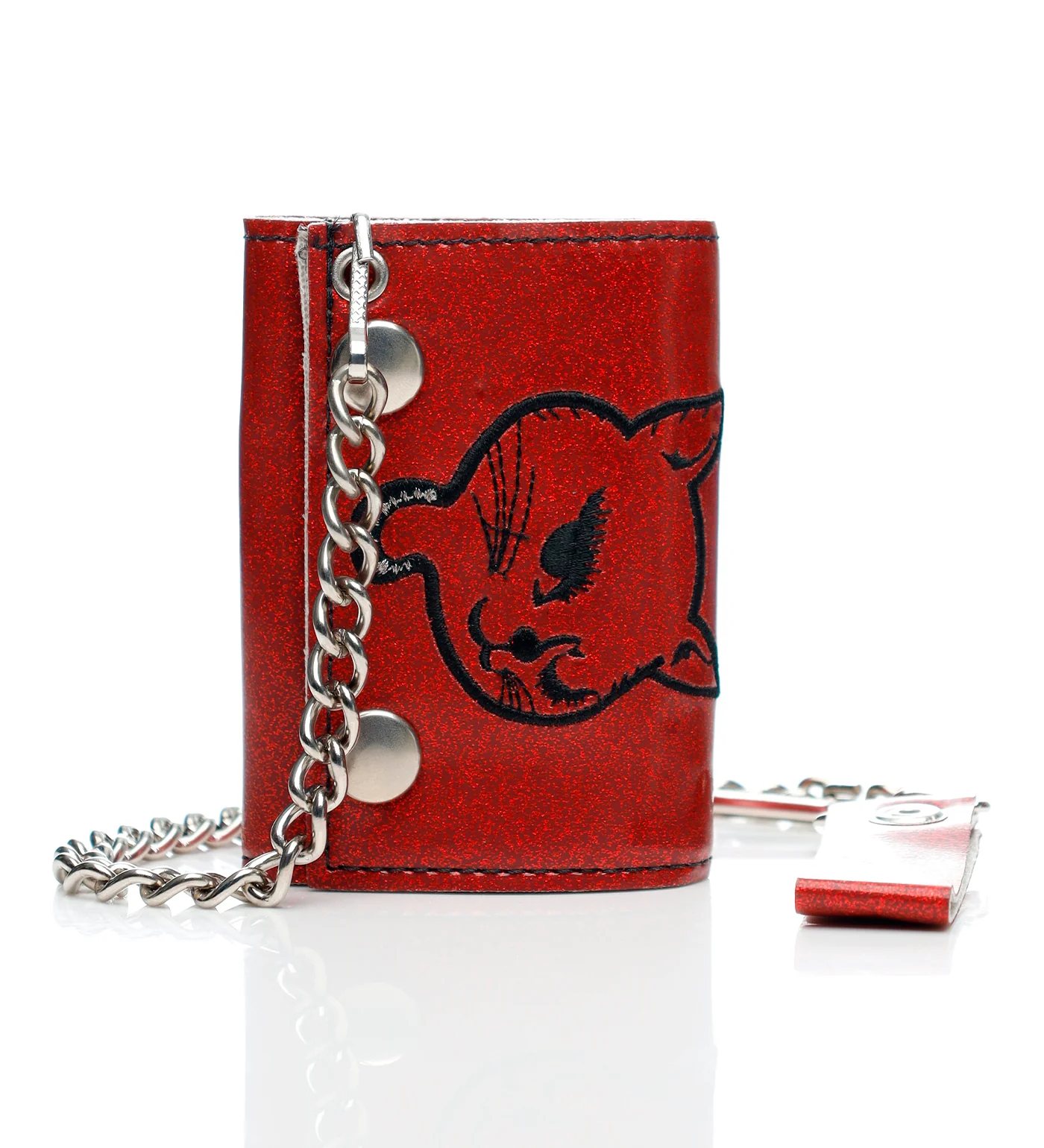 Kitty Embroided Tri-fold Wallet W/Chain, Glitter Red