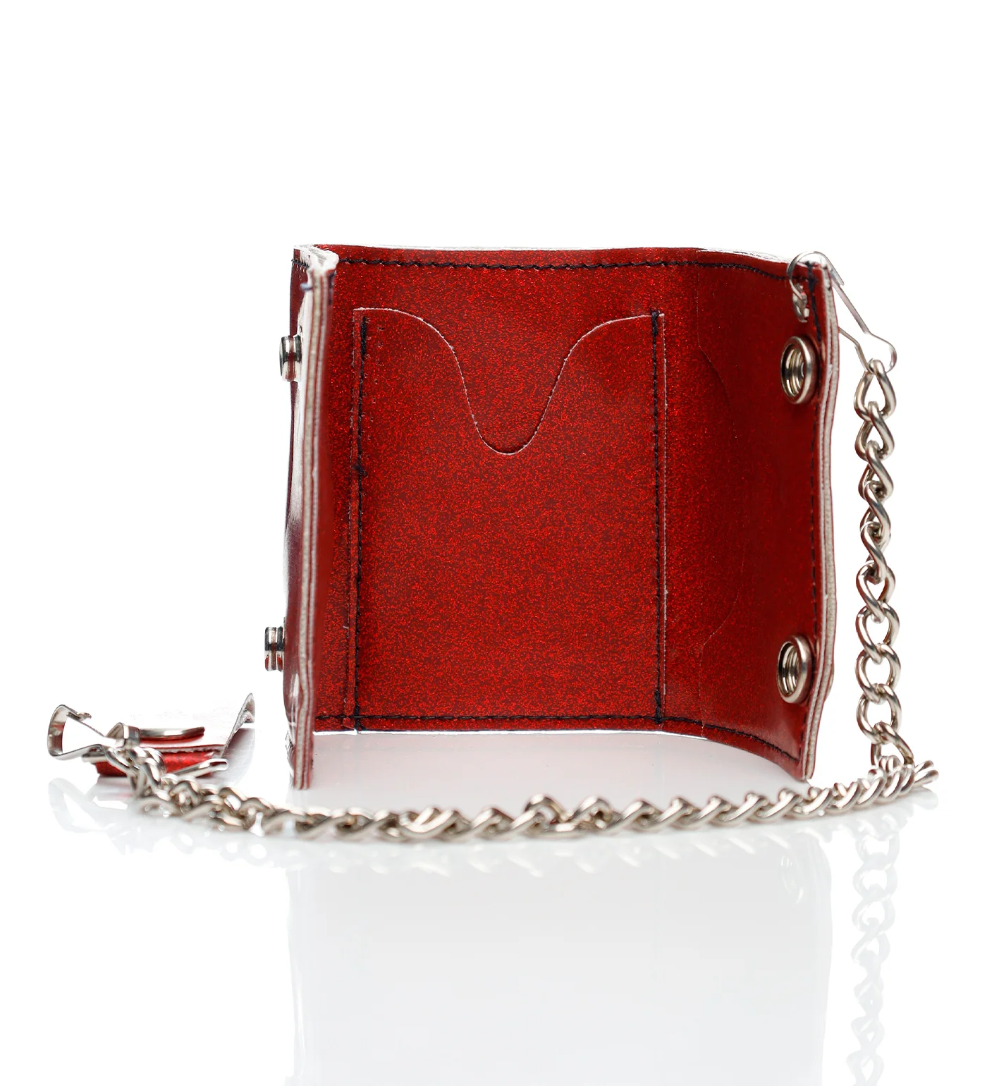 Kitty Embroided Tri-fold Wallet W/Chain, Glitter Red - Image 2