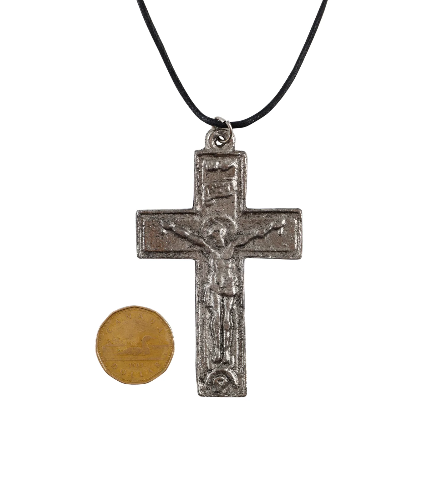 Large Jesus On A Cross String Necklace, Black/Silver(2A) - Image 2