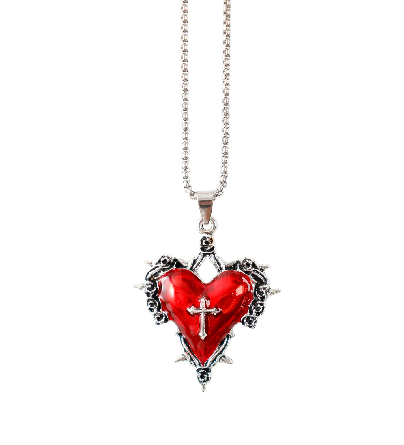 Medium Spiked Heart w/ Cross Design Design, Silver/Red (2E)