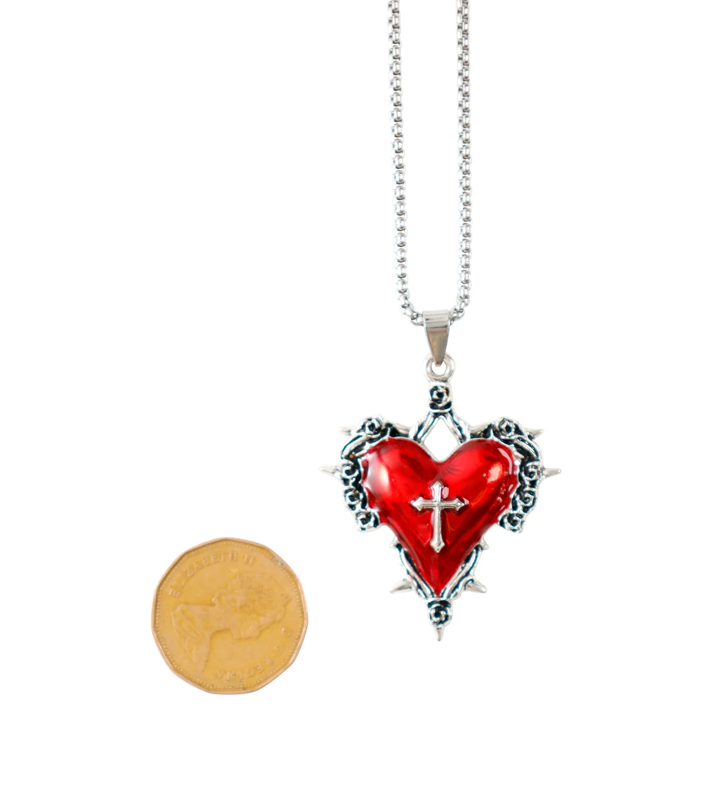 Medium Spiked Heart w/ Cross Design Design, Silver/Red (2E) - Image 3
