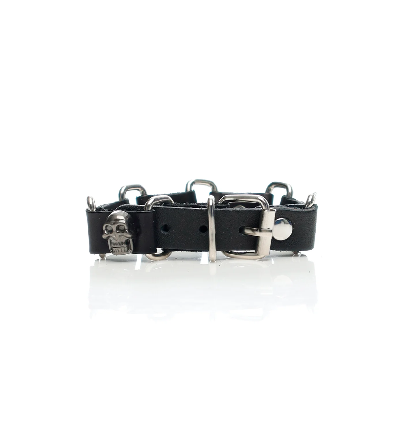 Multi Base Skull Studded PU Leather Wristband, Black/Silver - Image 2