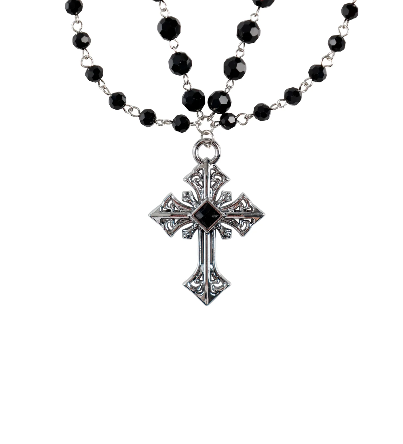 Multi Necklace W/Black Beads,Black/Silver(2A)