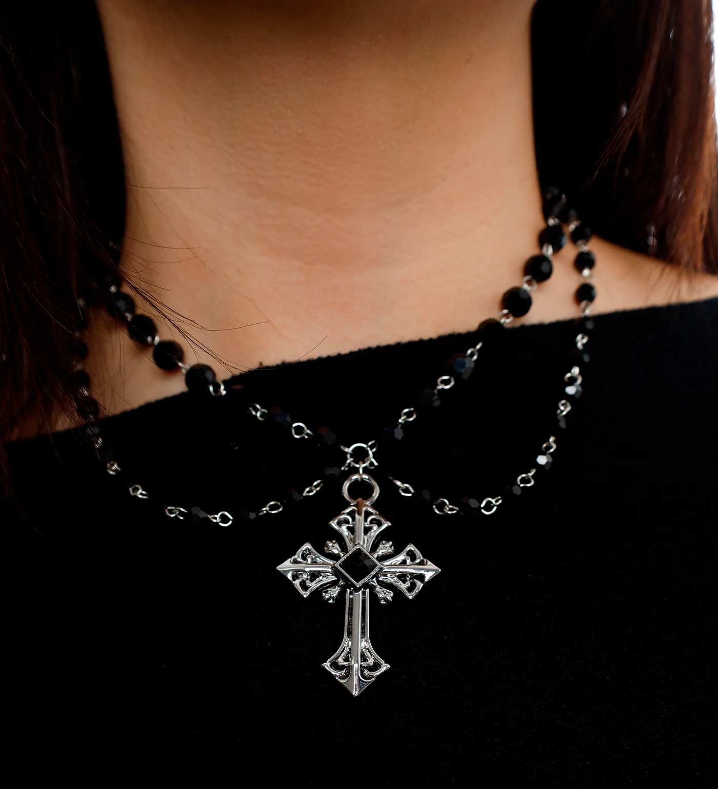 Multi Necklace W/Black Beads,Black/Silver(2A) - Image 4