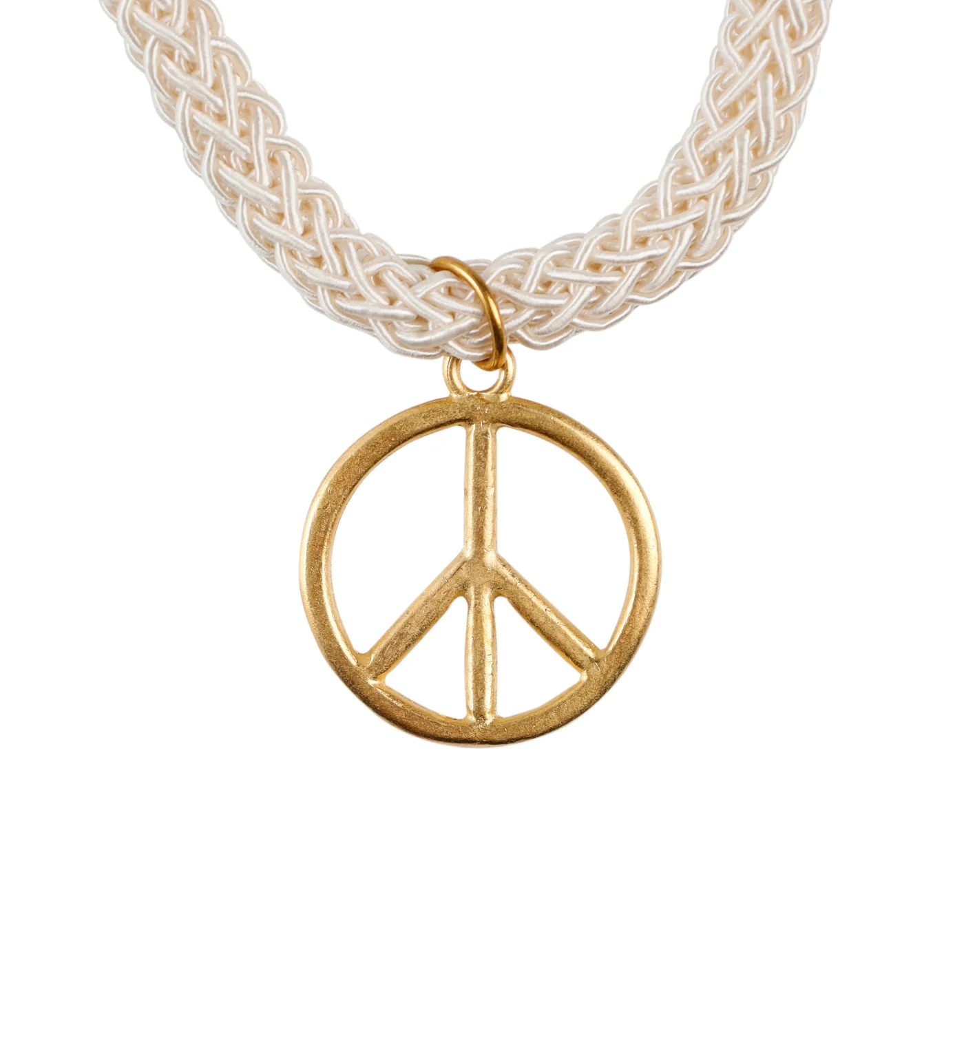 Peace Pendant Braided Choker, White/Gold (2F)