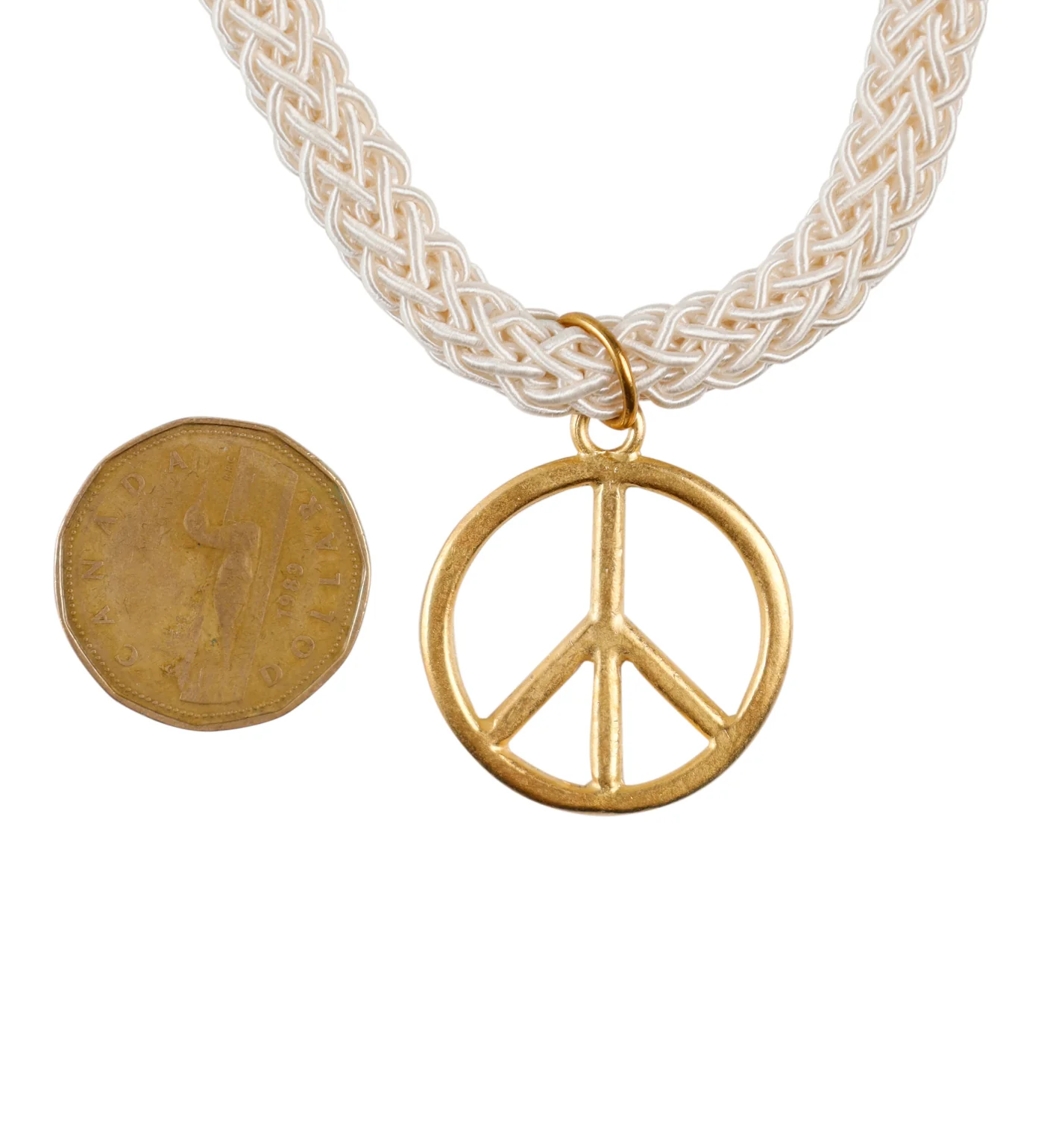 Peace Pendant Braided Choker, White/Gold (2F) - Image 2