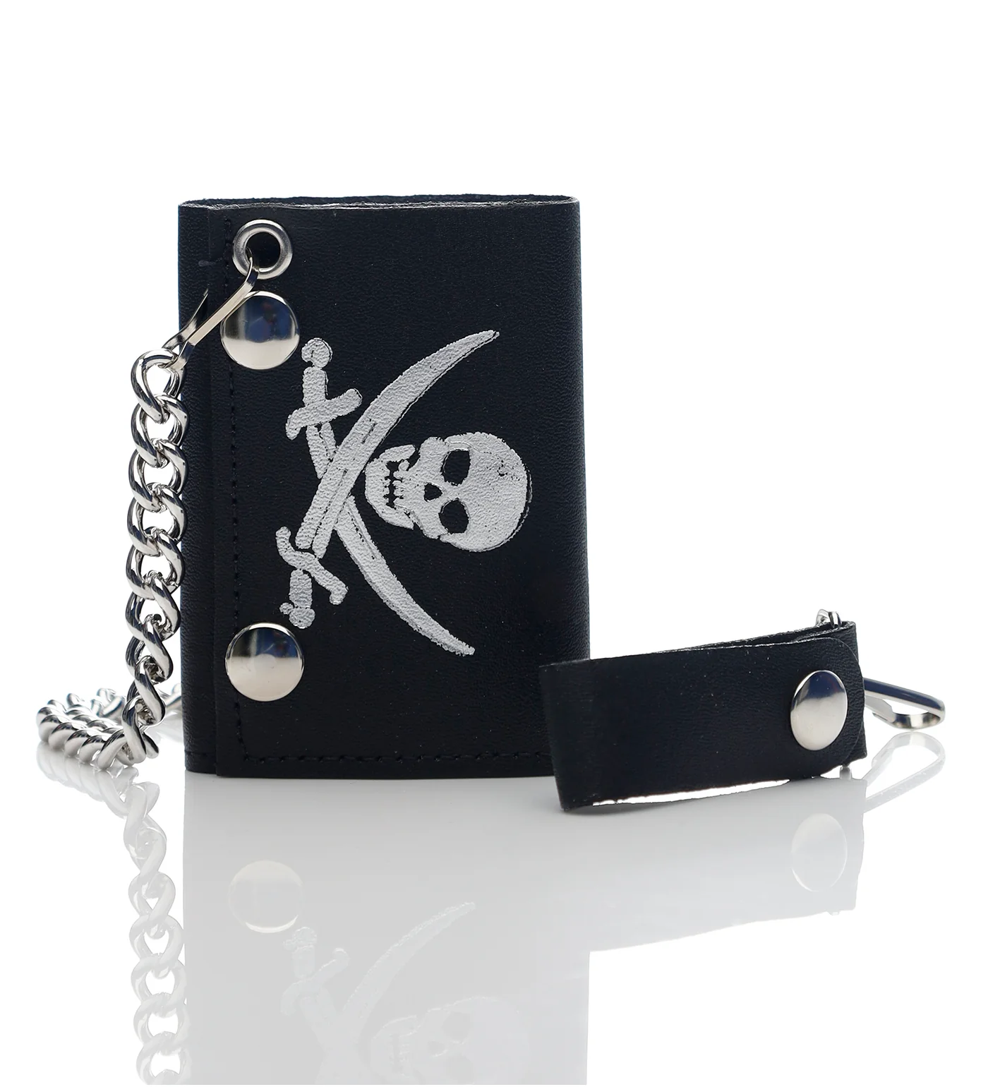 Pirate Skull Tri-fold Wallet W/Chain TC304-70s, Black/Silver