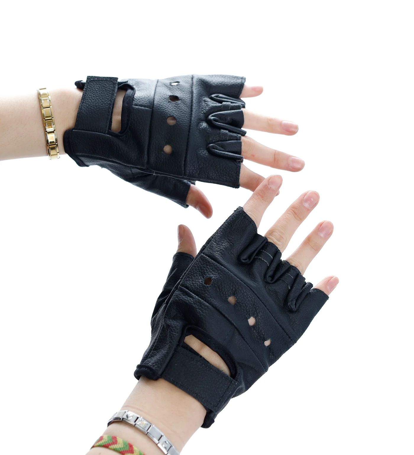 Plain Cowhide Split Leather Fingerless Gloves, Black - Image 4