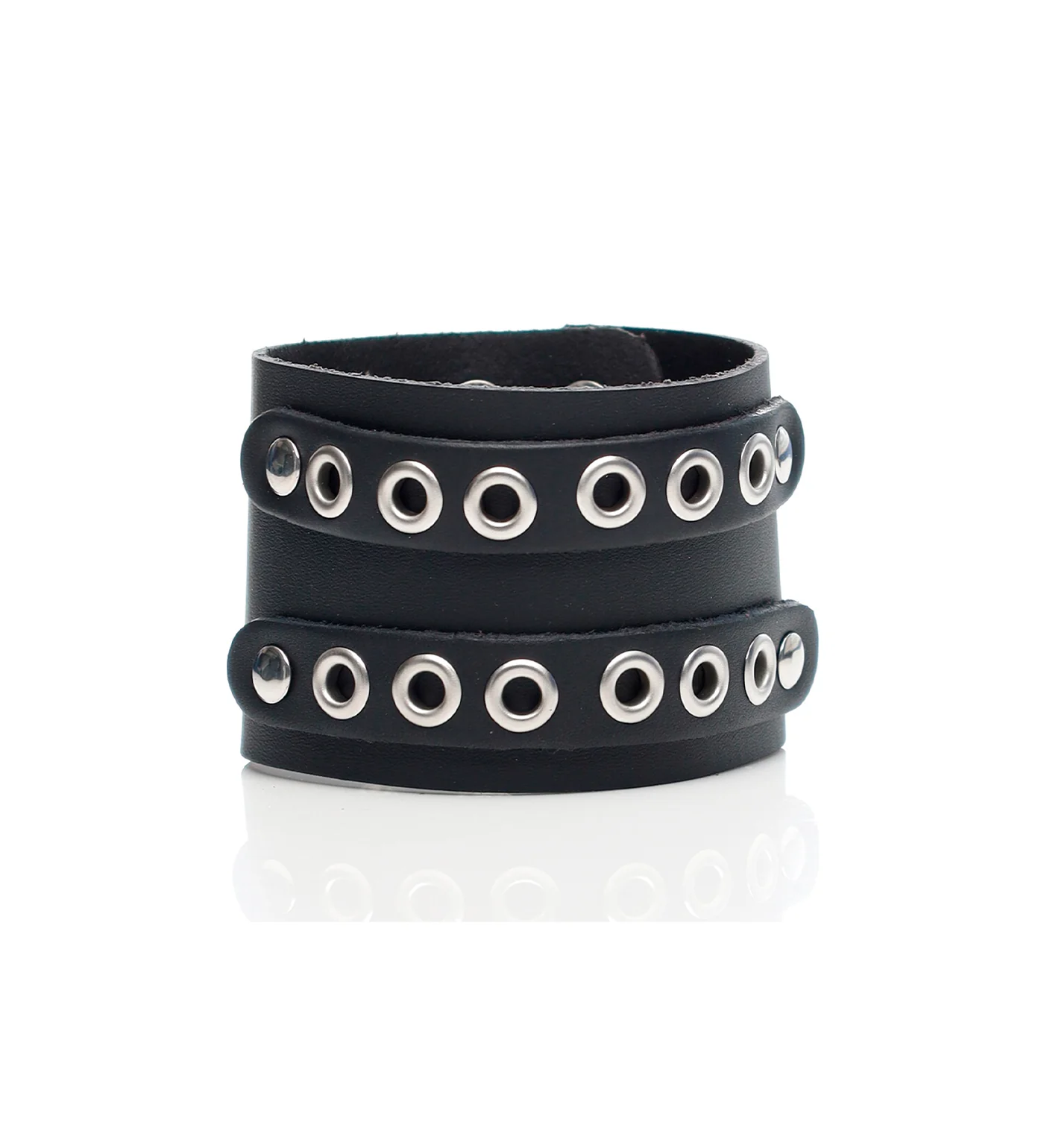 Riveted 2 Straps PU Leather Wristband, Black/Silver