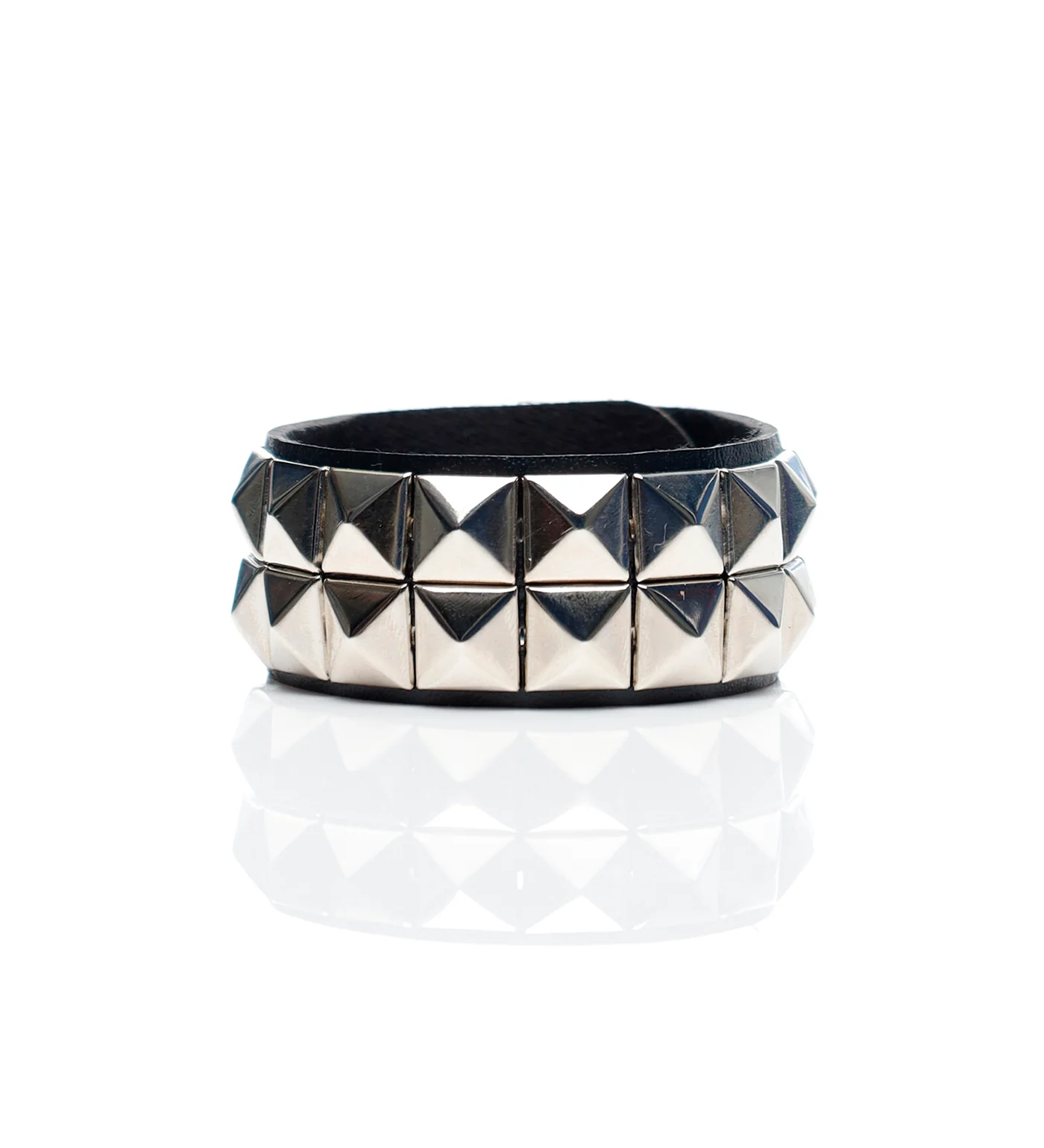 Small Pyramid 2 Row PU Leather Bracelet, Black/Silver