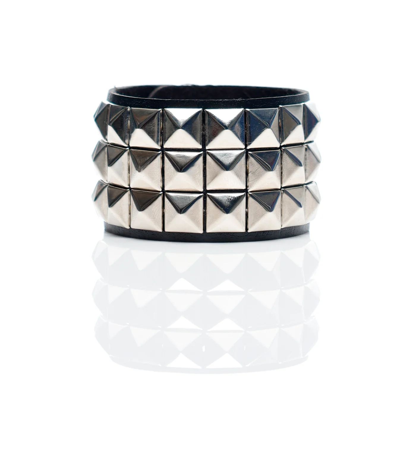 Small Pyramid 3 Row PU Leather Bracelet, Black/Silver
