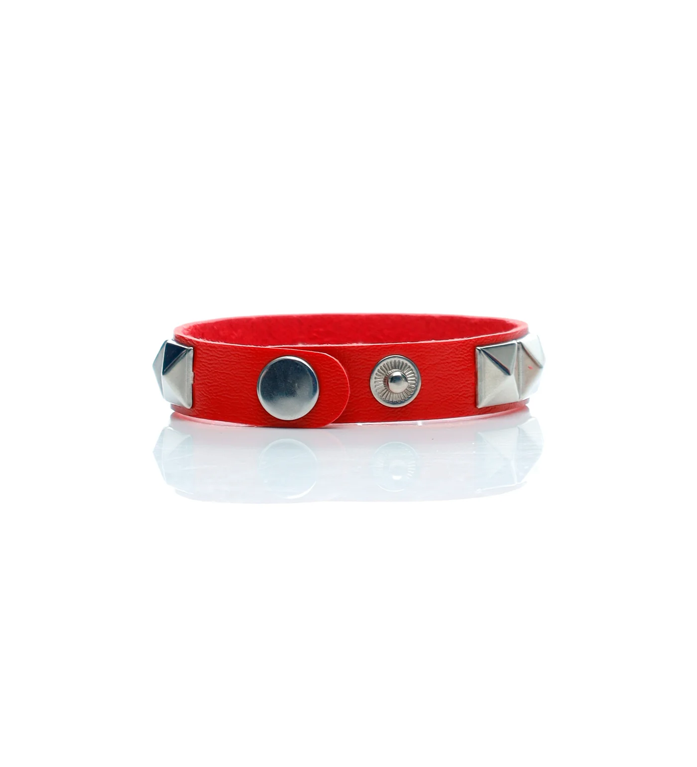 Small Pyramid Studs PU Leather Bracelet, Red/Silver - Image 2