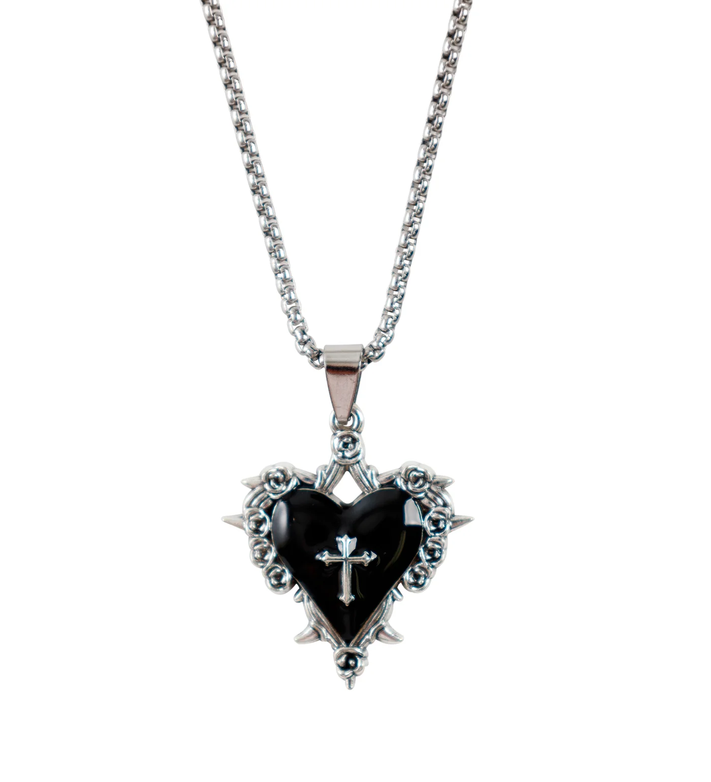 Small Spiked Heart w/ Cross Design Design, Silver/Black (2E)