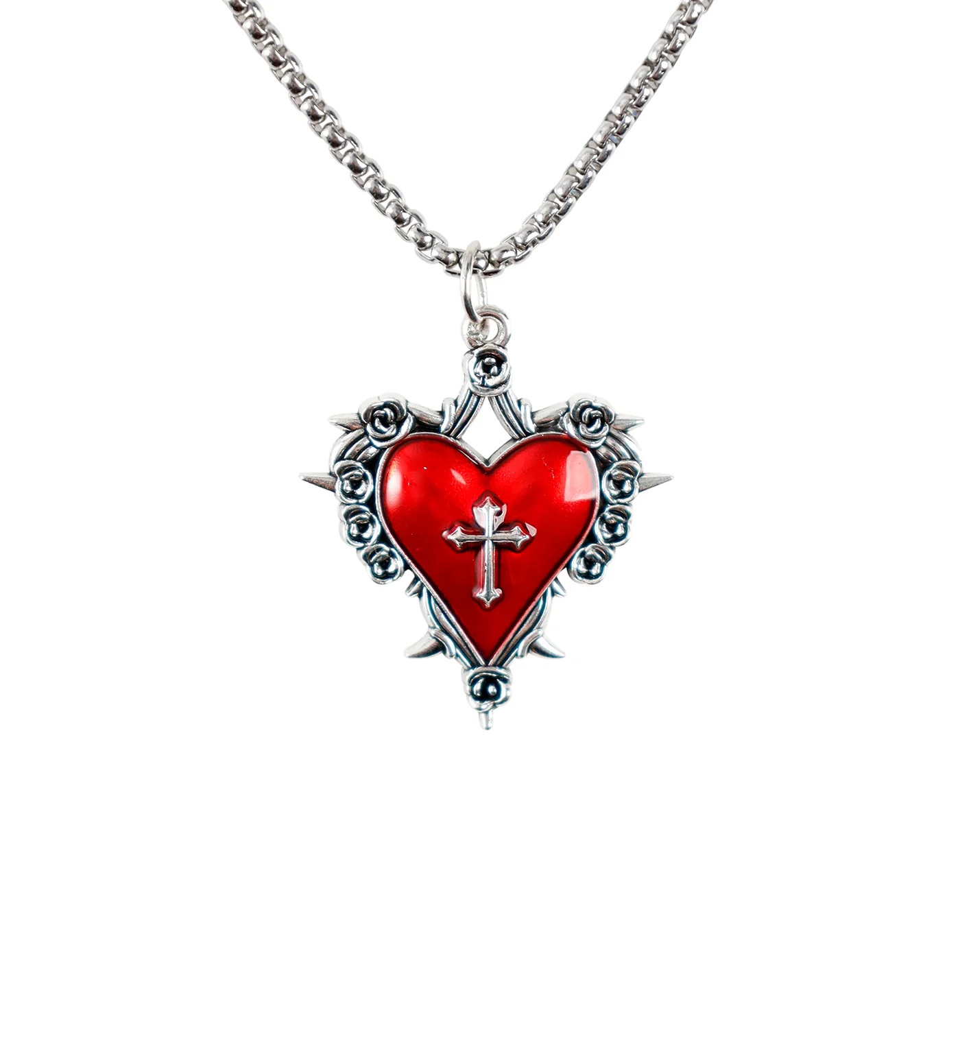 Small Spiked Heart w/ Cross Design Design, Silver/Red (2E)
