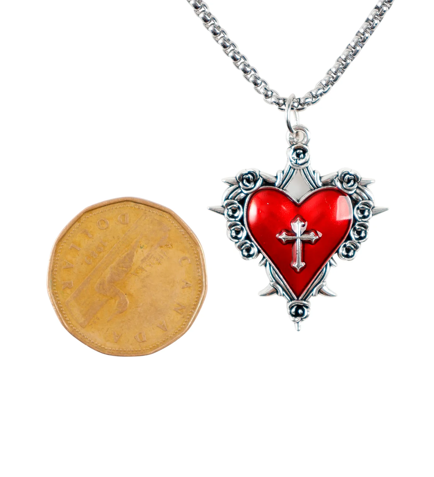 Small Spiked Heart w/ Cross Design Design, Silver/Red (2E) - Image 3