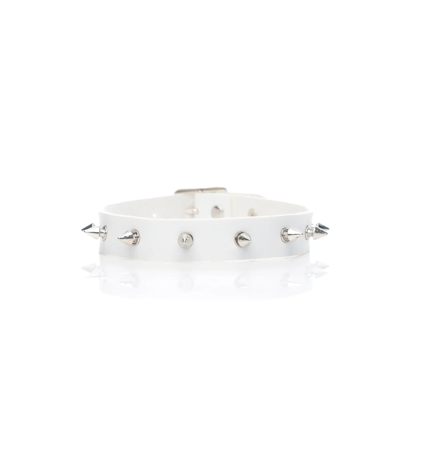 Small Spikes PU Leather Choker, White/Silver