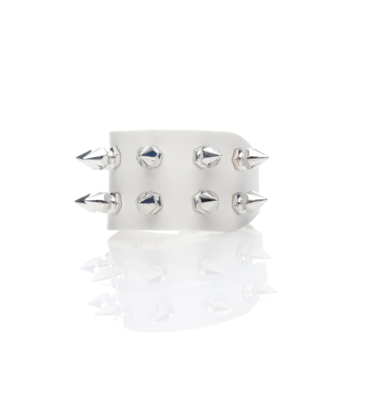 Small Spikes PU Leather Wristband, White/Silver
