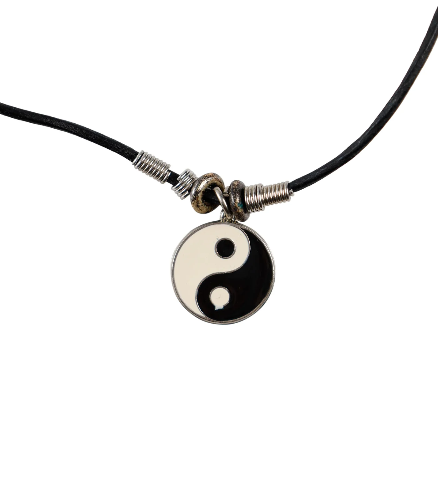 Small Ying Yang String Necklace, Black/Silver/White (2F)