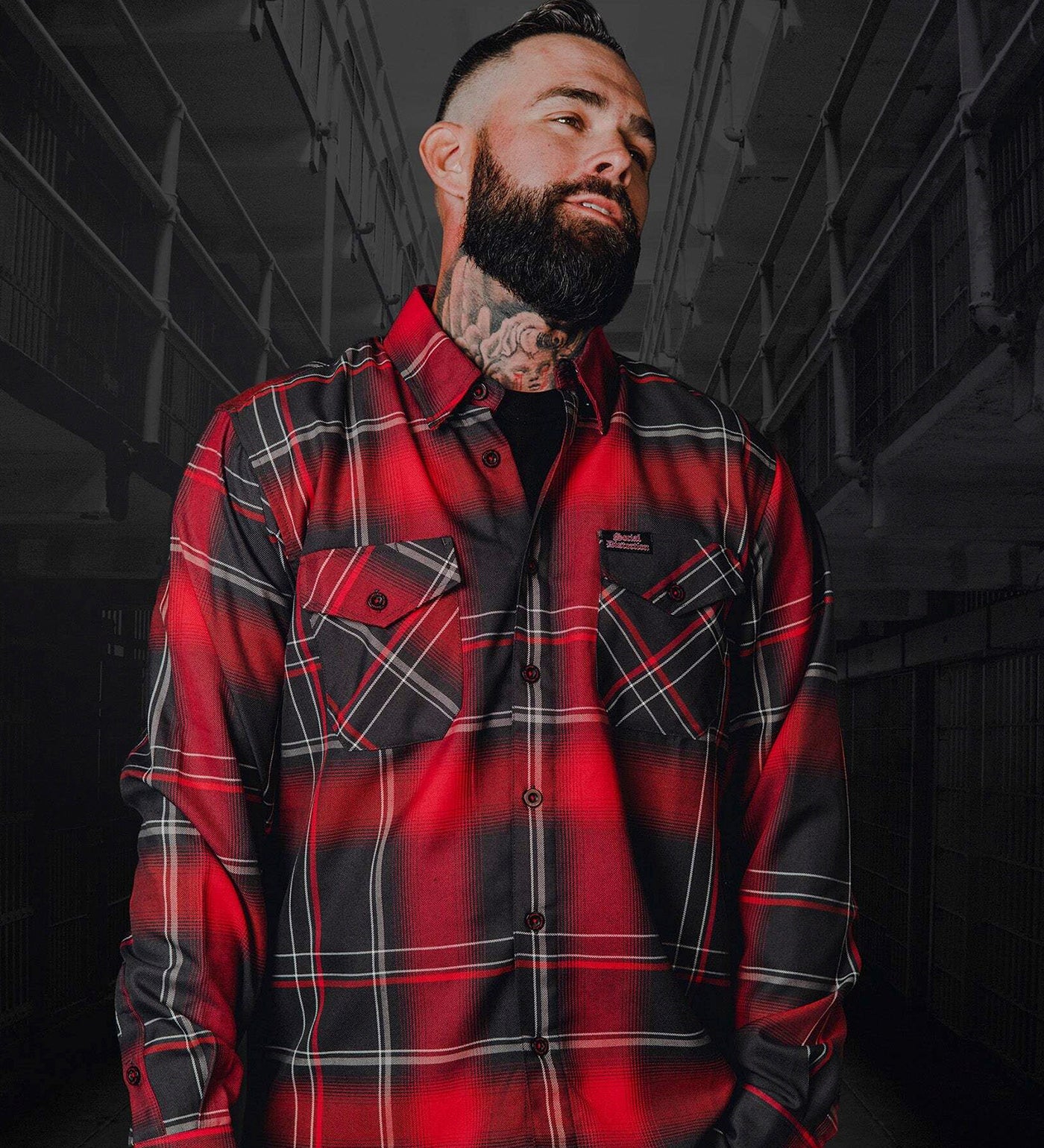 Social Distortion Prison Bound Flannel, Grey/Maroon - Image 8
