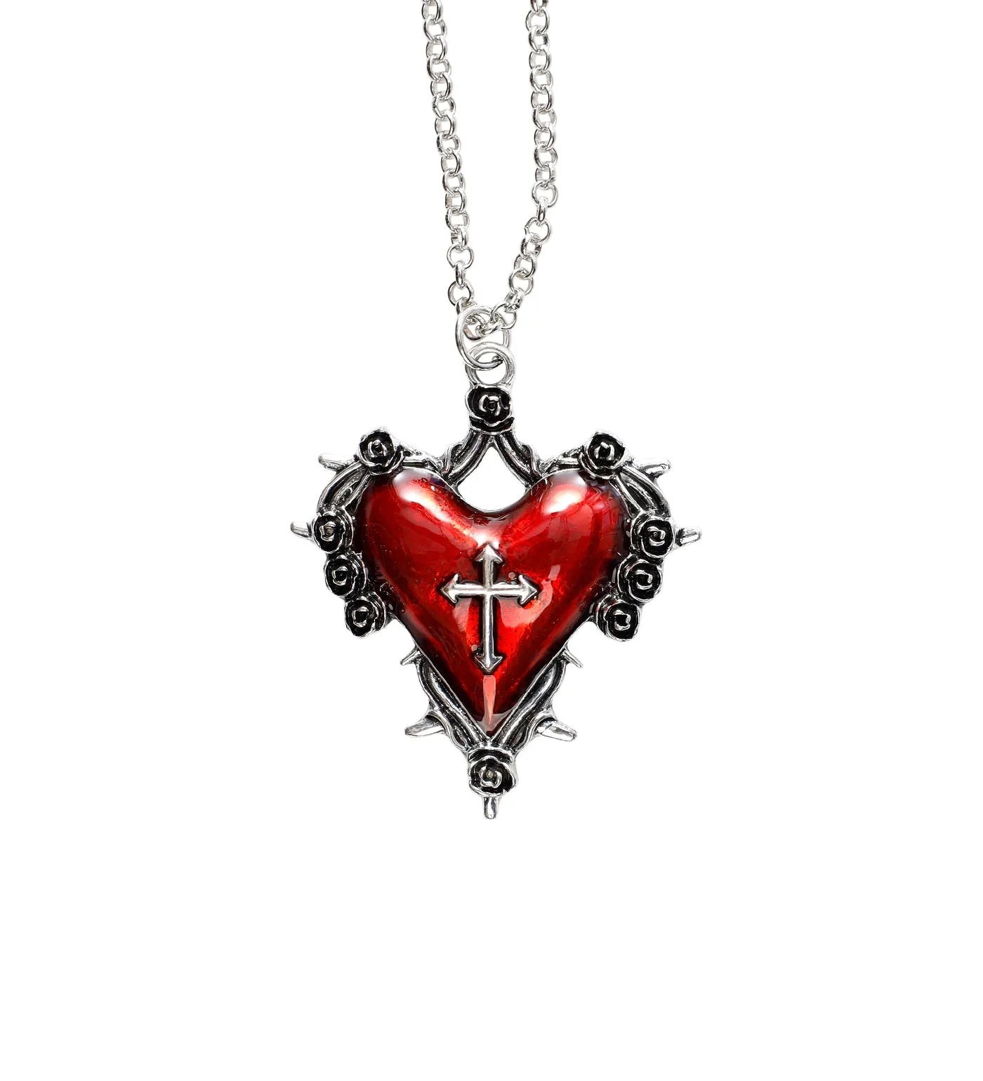 Spiked Heart w/ Cross Design Design, Silver/Red (2E)