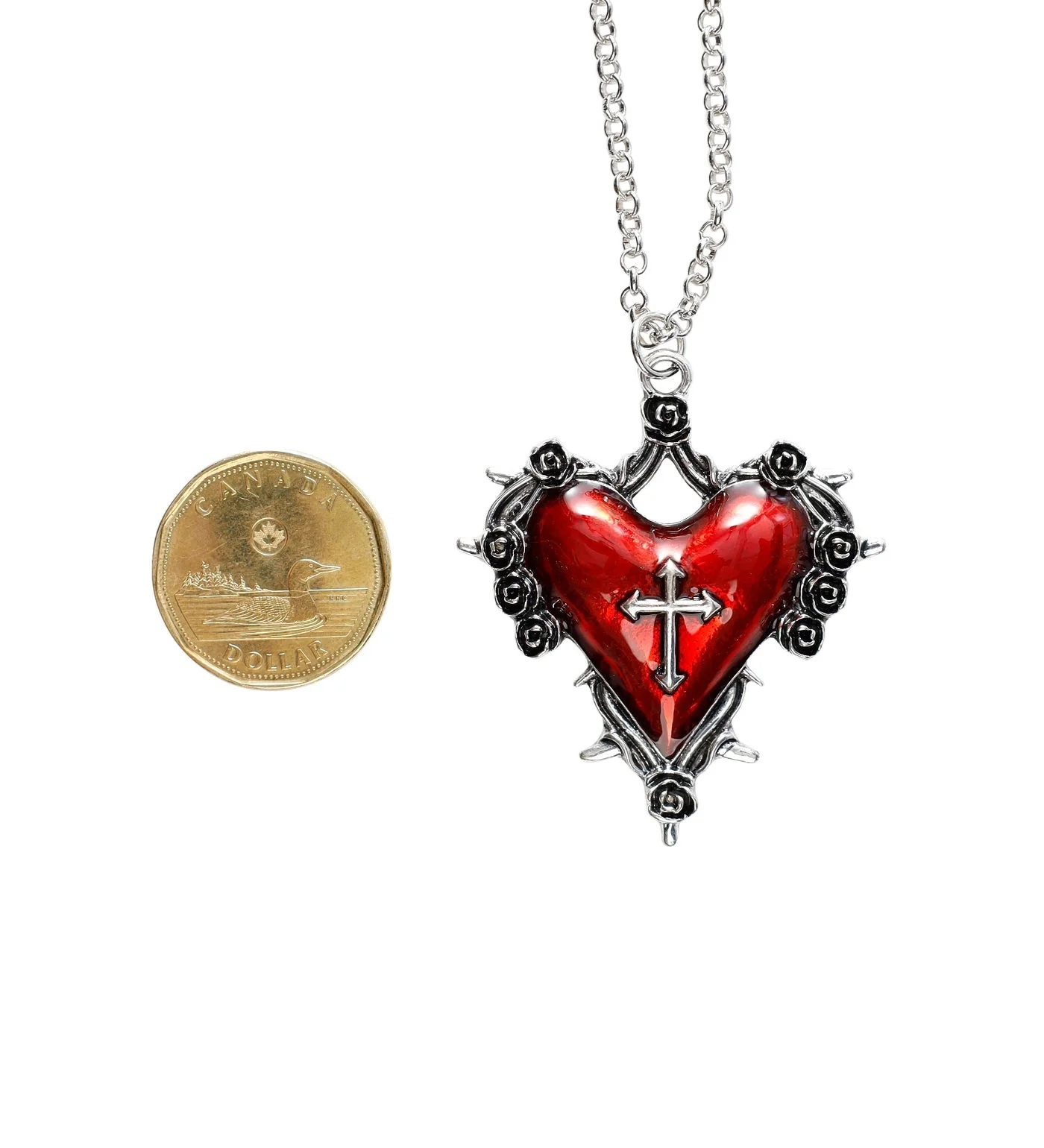 Spiked Heart w/ Cross Design Design, Silver/Red (2E) - Image 2