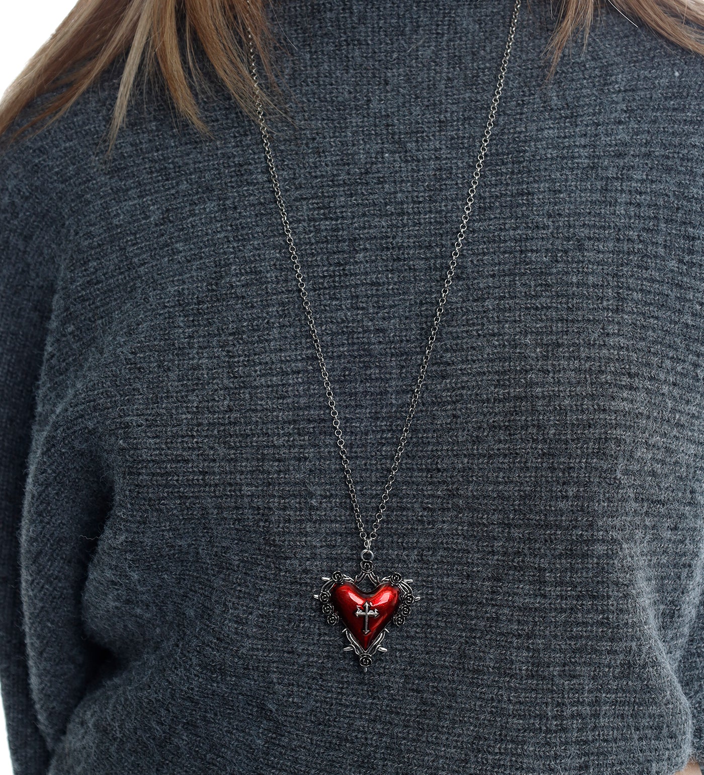 Spiked Heart w/ Cross Design Design, Silver/Red (2E) - Image 4