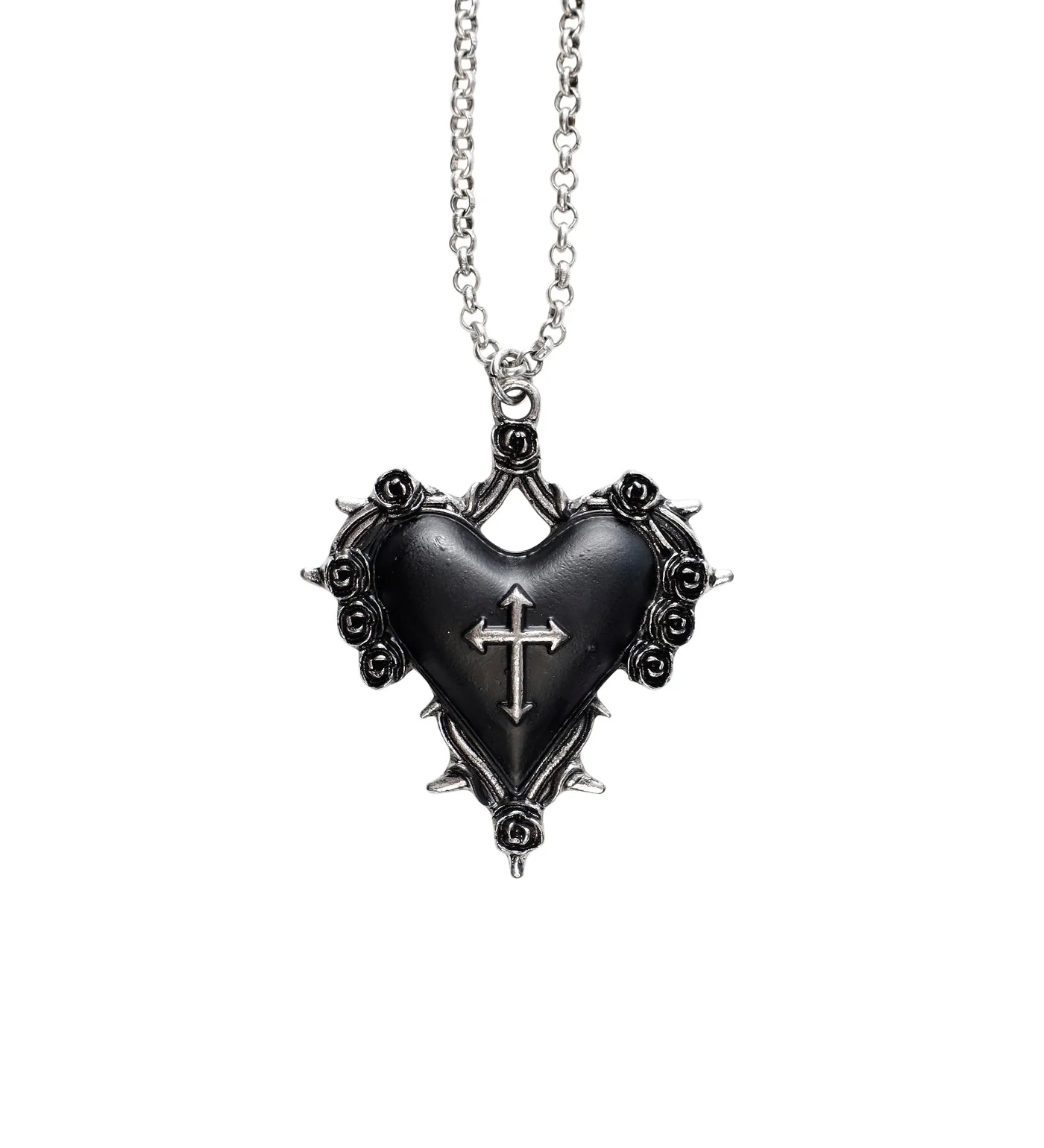 Spiked Heart w/ Cross Design, Silver/Black (2E)