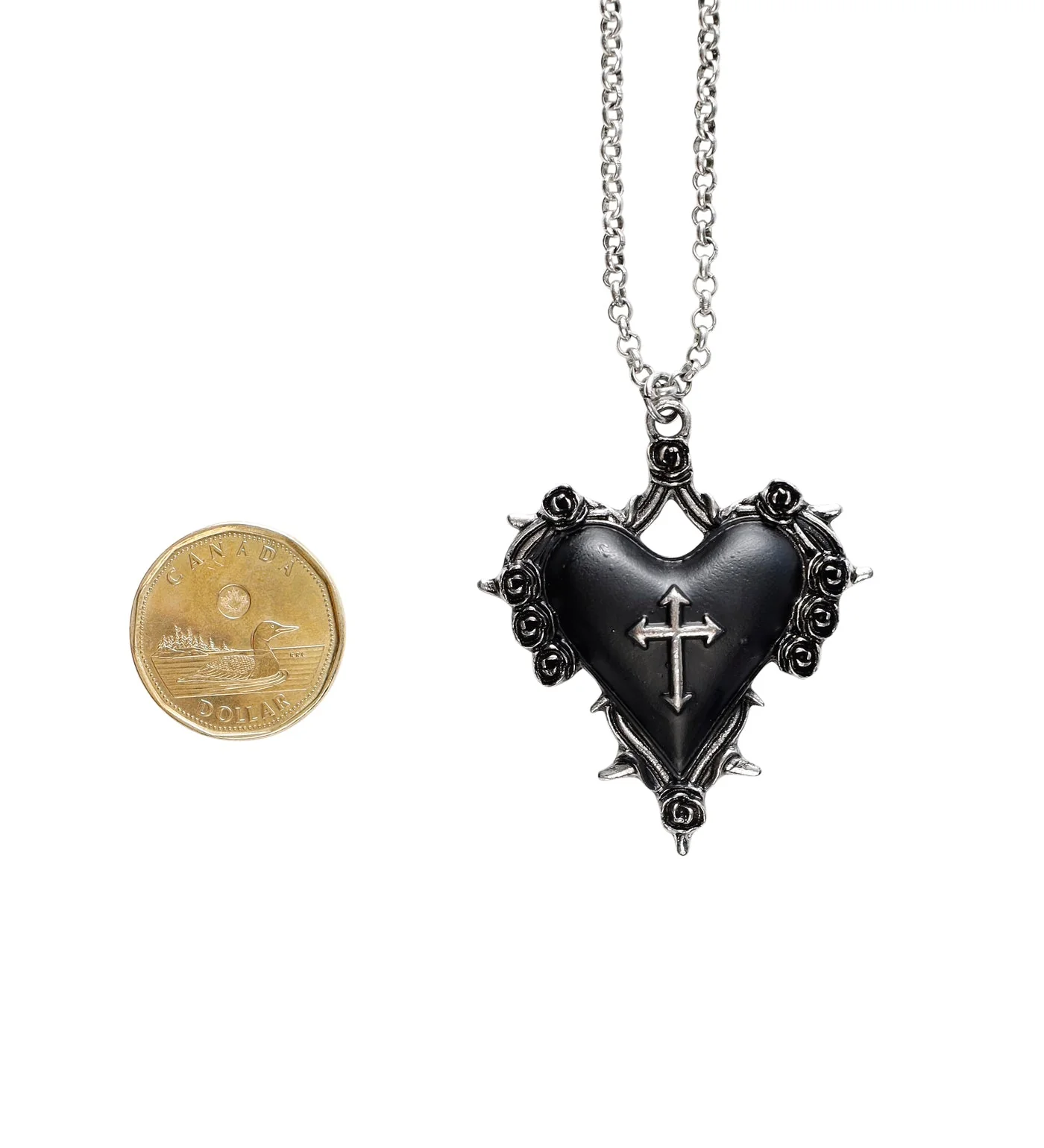 Spiked Heart w/ Cross Design, Silver/Black (2E) - Image 2