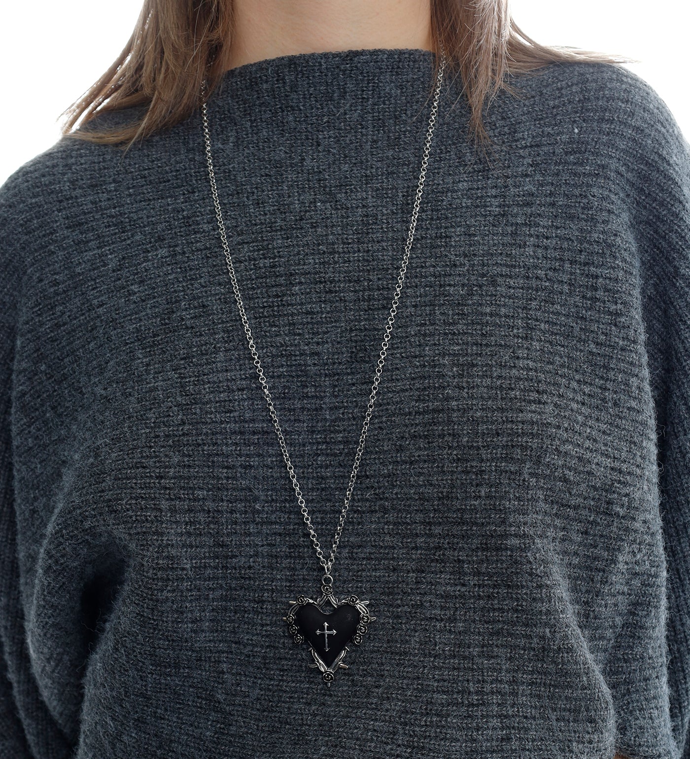 Spiked Heart w/ Cross Design, Silver/Black (2E) - Image 4