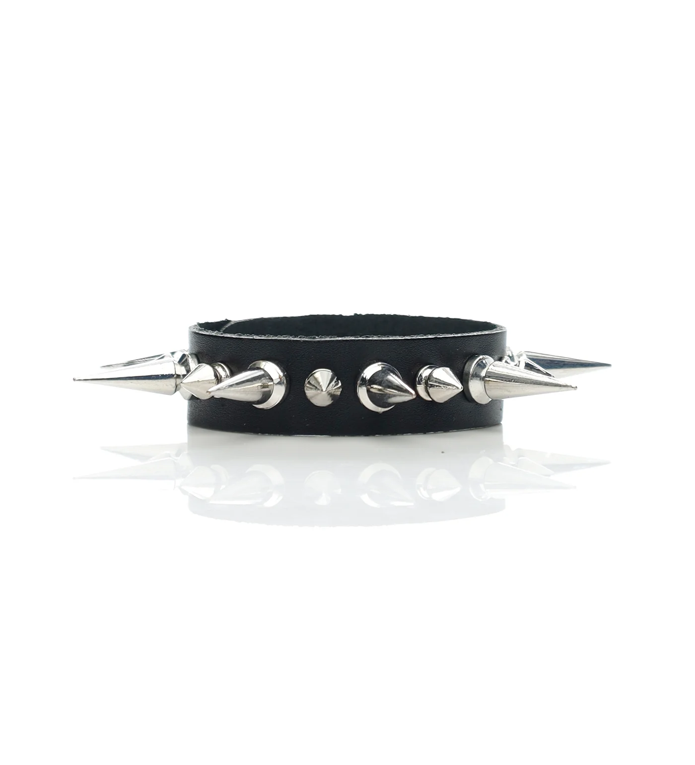 Tall And Short Cone Studs PU Leather Bracelet, Black/Silver
