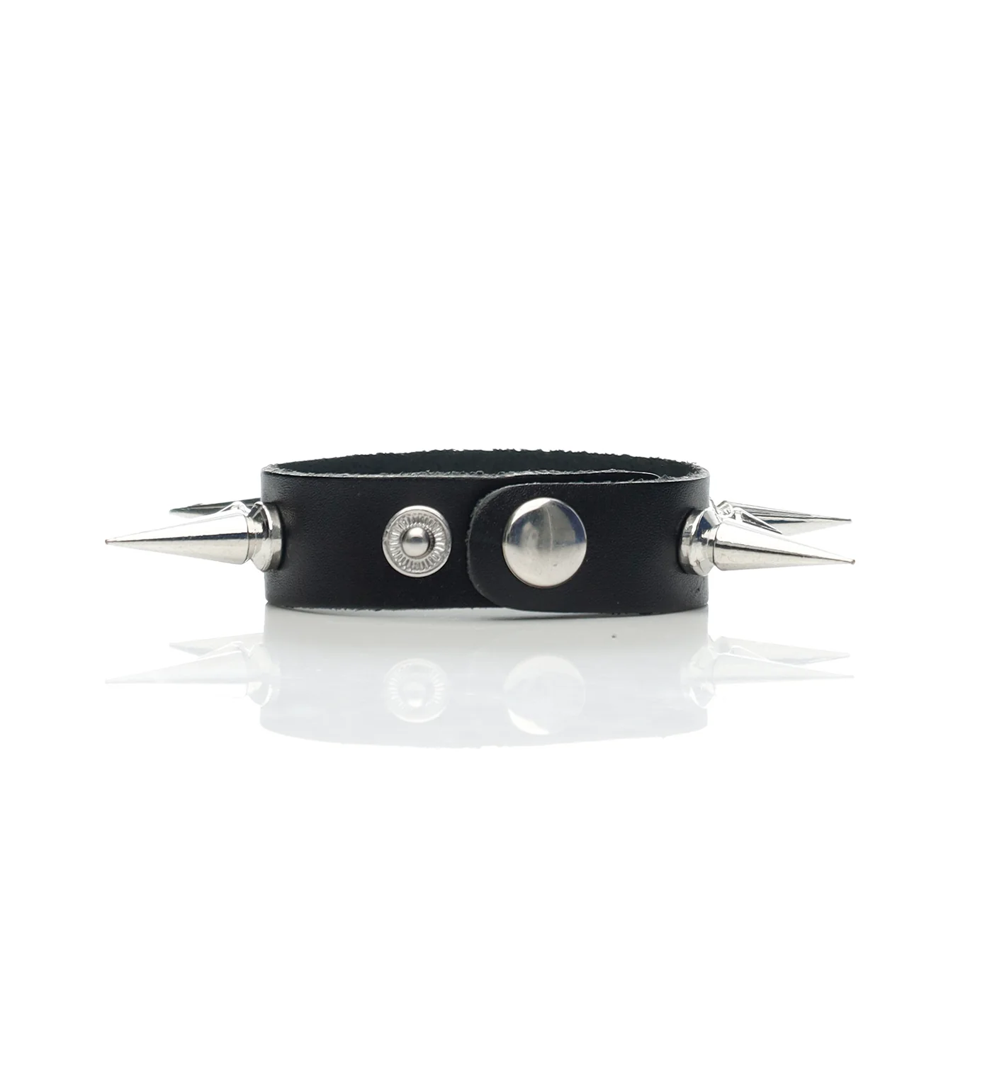 Tall And Short Cone Studs PU Leather Bracelet, Black/Silver - Image 2