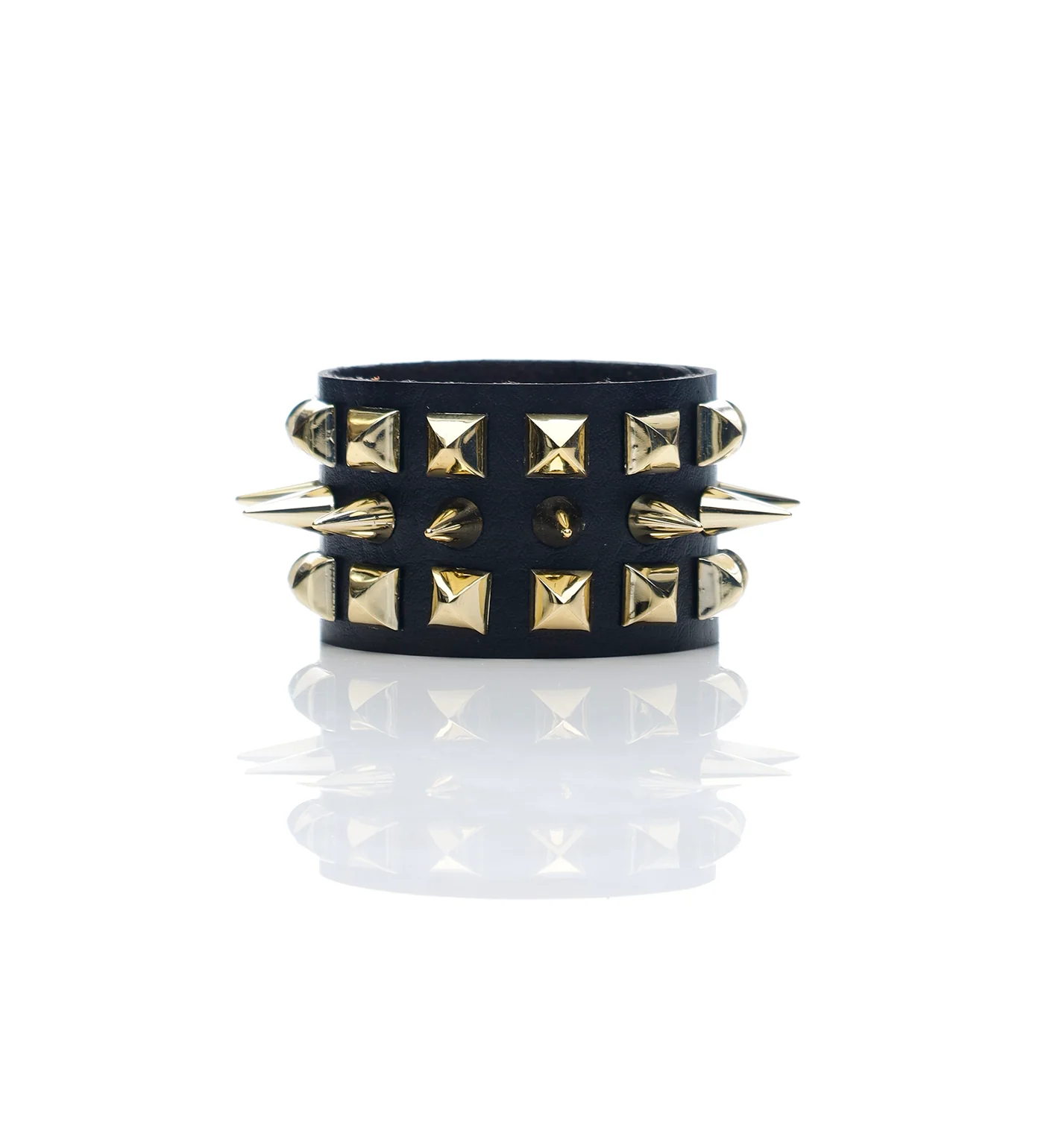 Tall Spikes And Pyramid PU Leather Wristband, Black/Gold