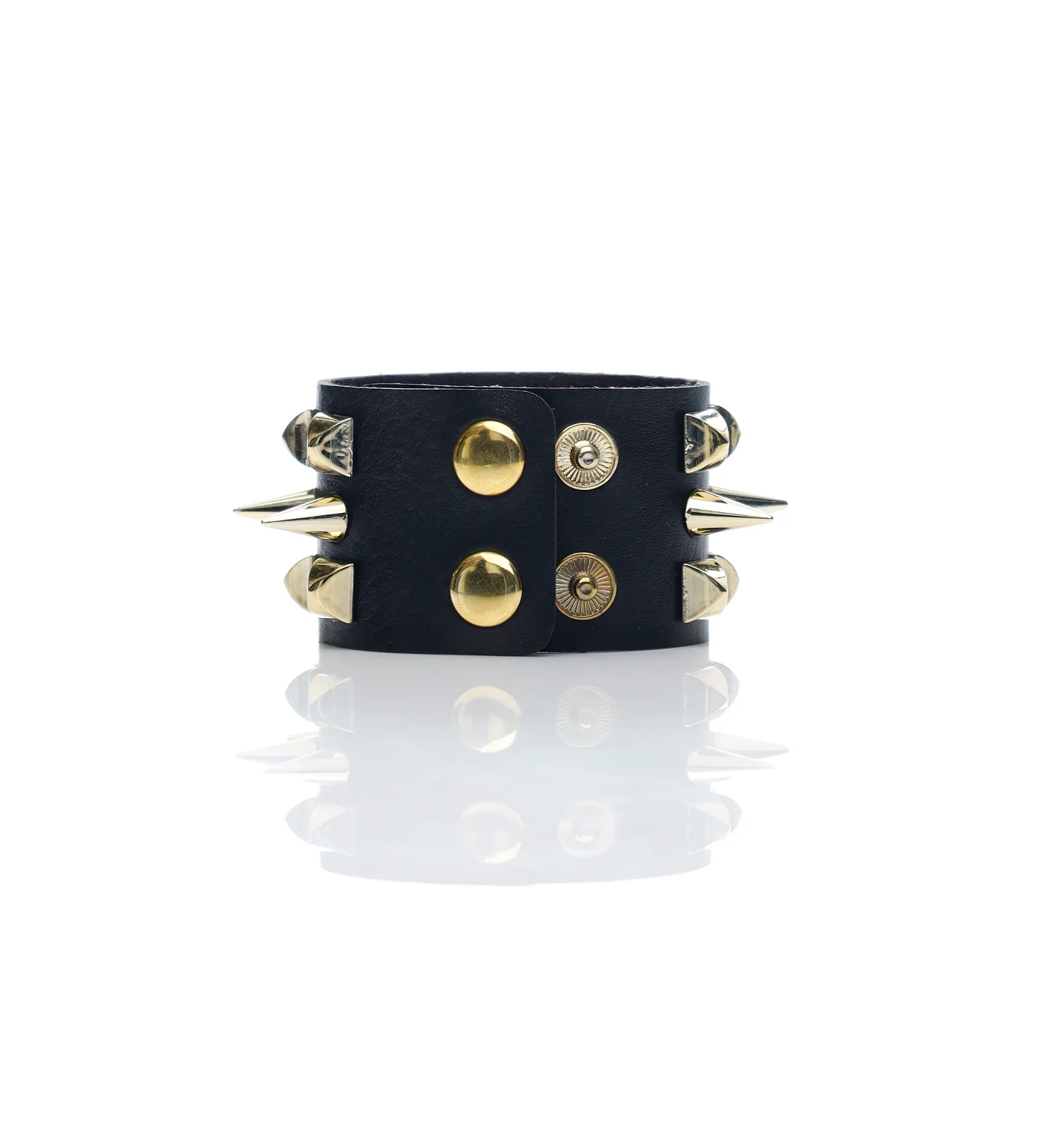 Tall Spikes And Pyramid PU Leather Wristband, Black/Gold - Image 2