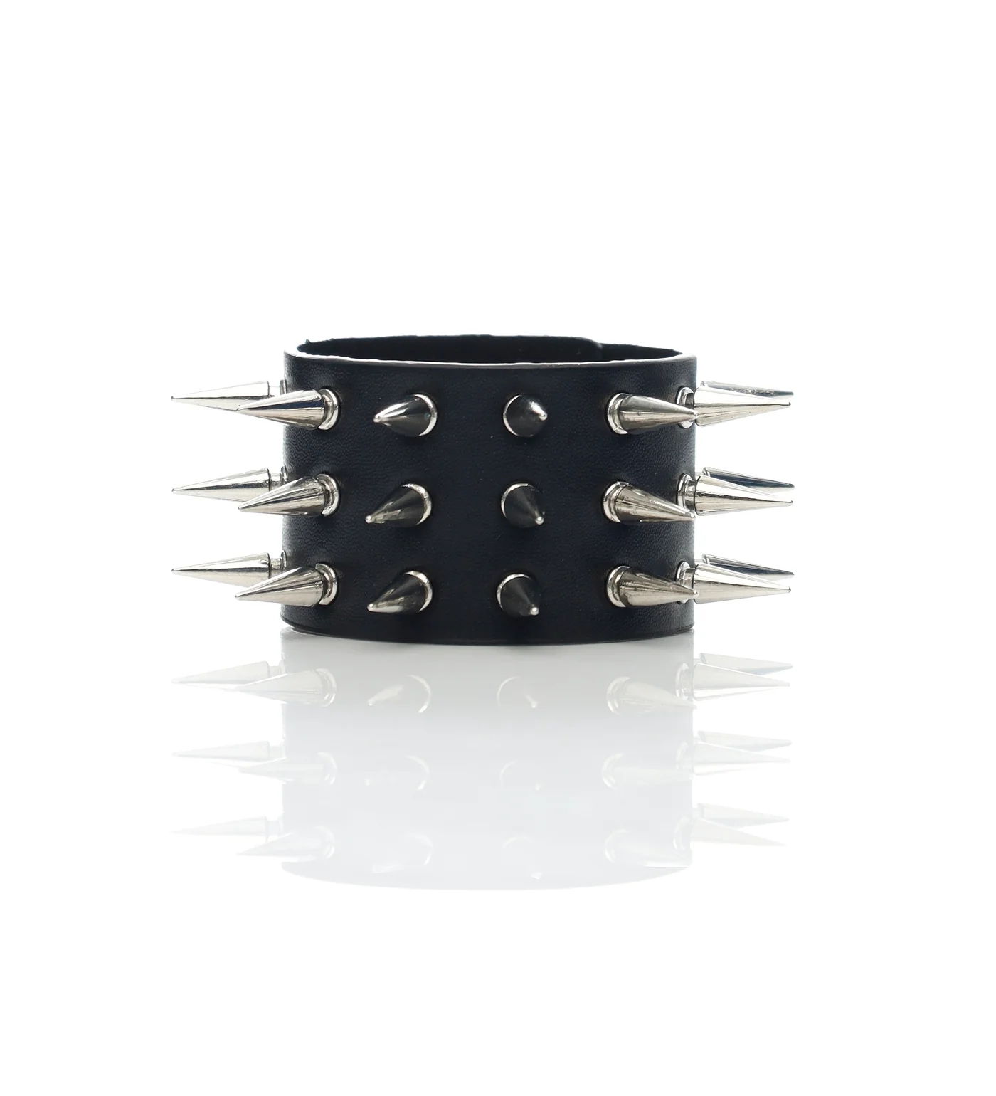 3 Row Spikes PU Leather Wristband, Black/Silver