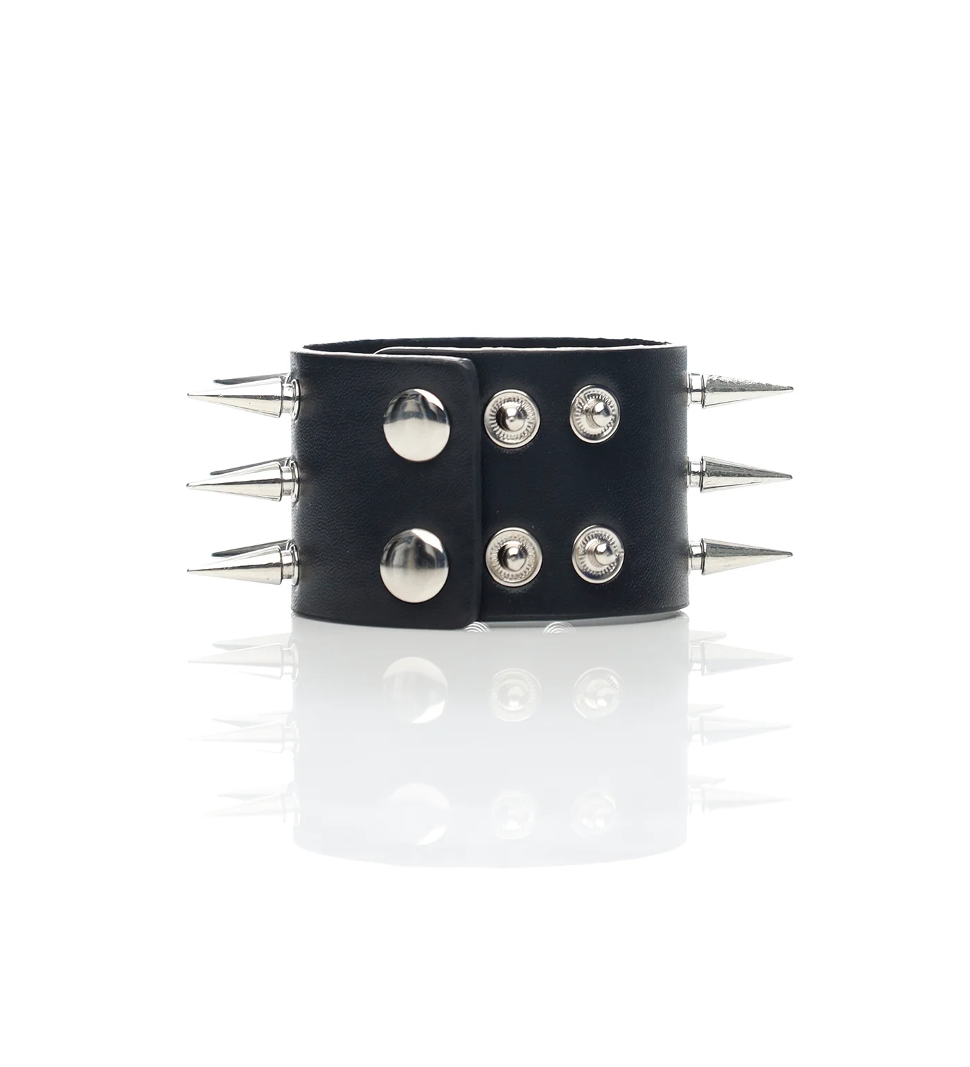 3 Row Spikes PU Leather Wristband, Black/Silver - Image 2