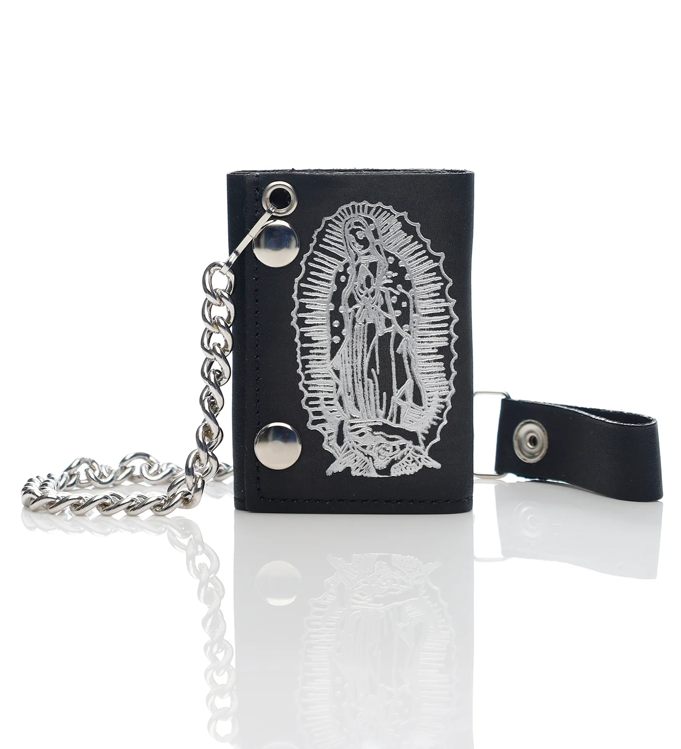 Virgen De Guadalupe Tri-fold Wallet W/Chain, Black/Silver