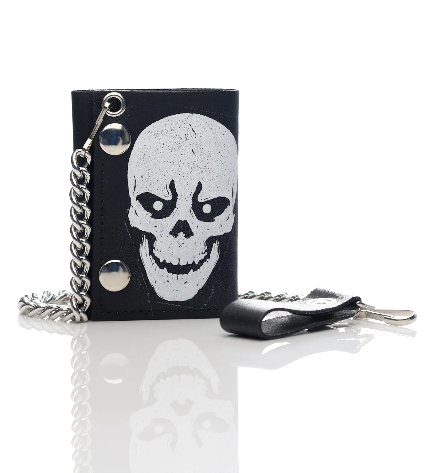 White Skull Tri-fold Wallet W/Chain TC304-229, Black/White