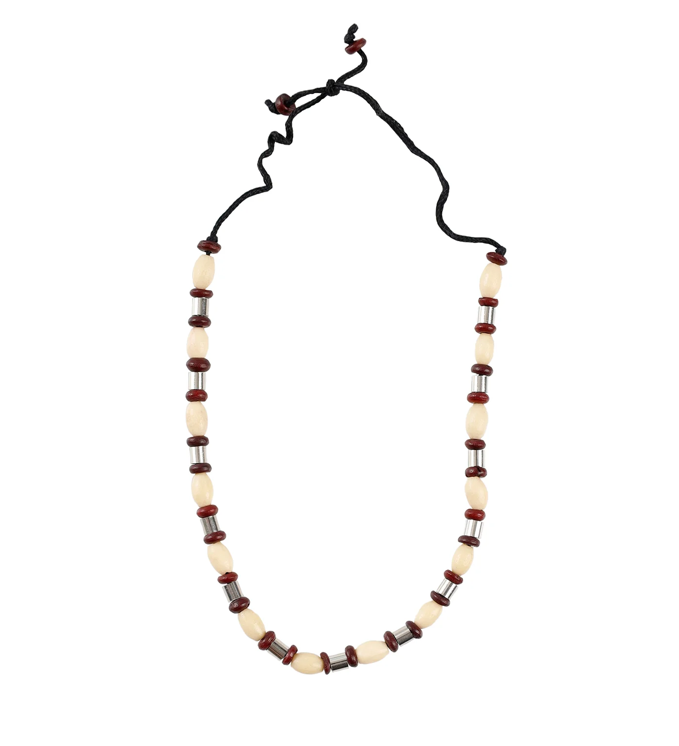 Wooden Bead String Necklace, Beige/Burgundy (3B)