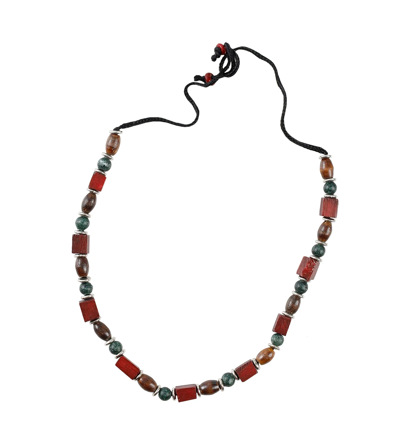 Wooden Bead String Necklace, Burgundy/Teal/Brown (3B)